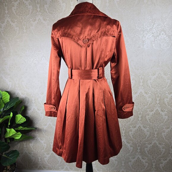 Bebe Size Medium Burnt Orange Double Breasted Trench Coat Belt Pockets Flared - Picture 7 of 16